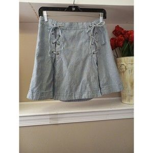 Free People Womens Blue White  Striped‎ Lace Up Pleated Lined Denim Skirt Size 6